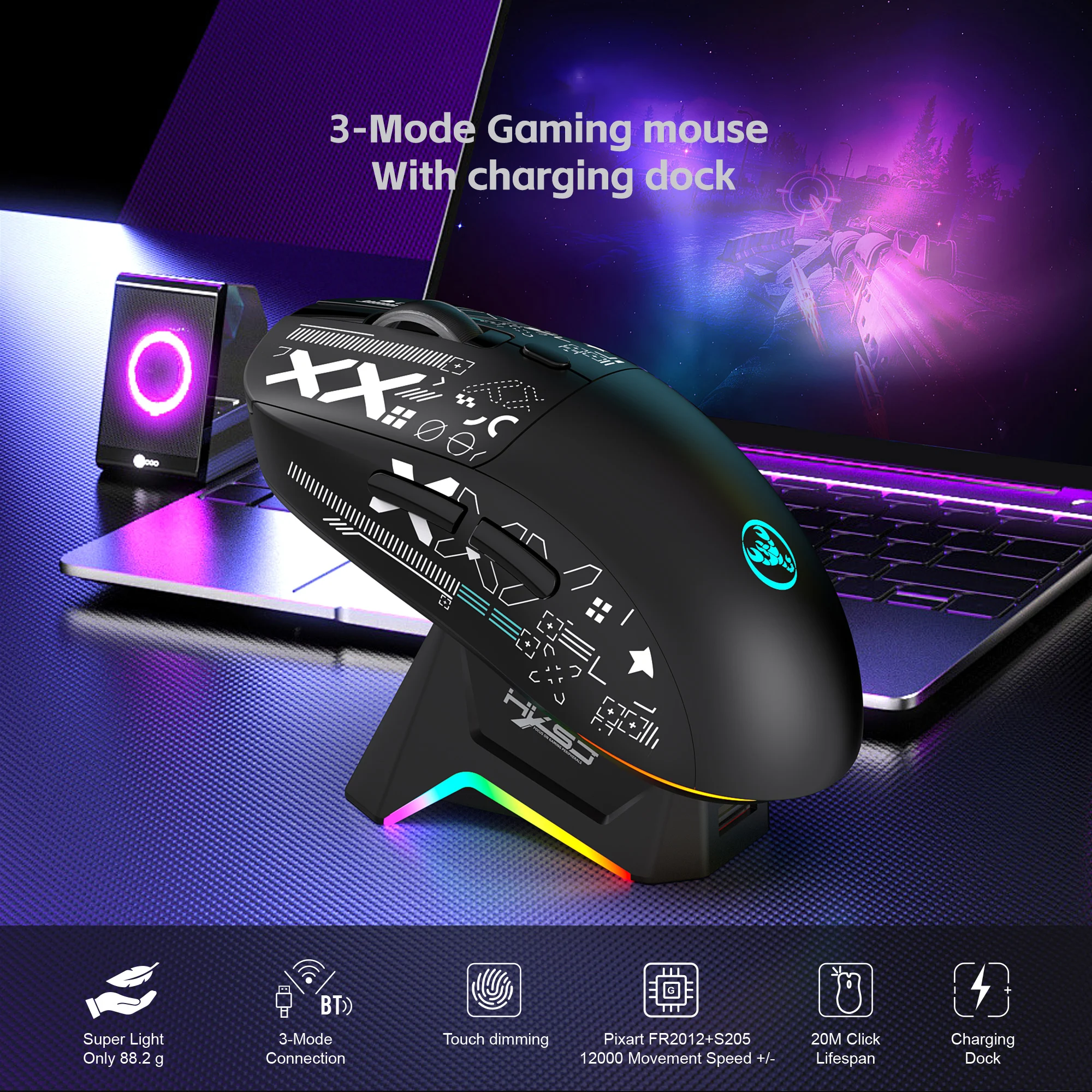 Wireless Mouse,12000CPI Bluetooth/2.4G/wired Tri-Mode Mouse , RGB Magnetic charging dock Gaming Mouse
Wireless Mouse,12000CPI Bluetooth/2.4G/wired Tri-Mode Mouse , RGB Magnetic charging dock Gaming Mouse