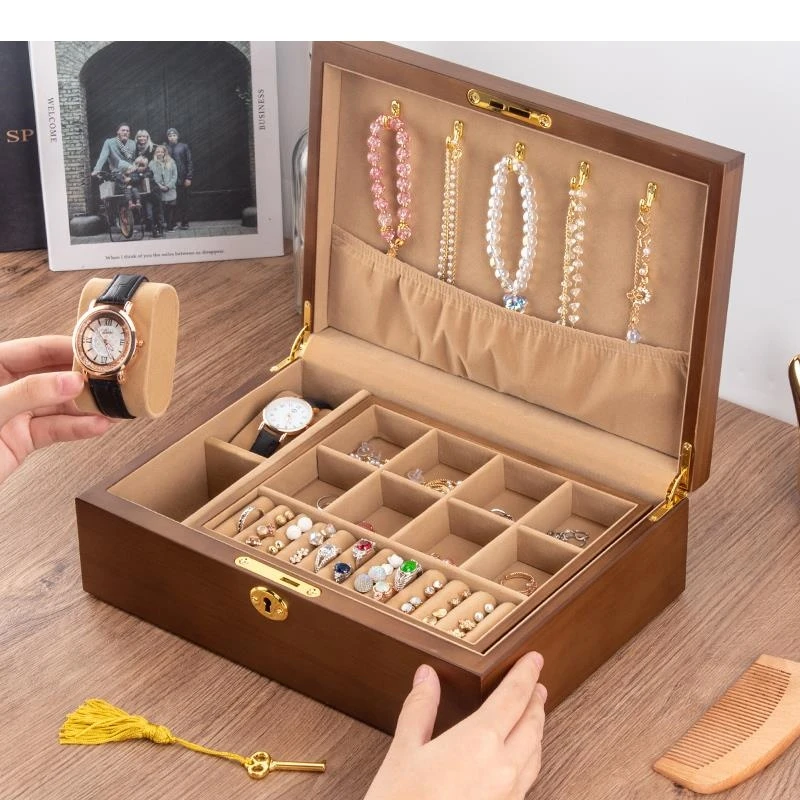 Simplicity Wood Separate Grid Storage Box with Lock Exquisite Makeup Dressing Table Jewelry Organizer Earrings Hanging Rack
Simplicity Wood Separate Grid Storage Box with Lock Exquisite Makeup Dressing Table Jewelry Organizer Earrings Hanging Rack