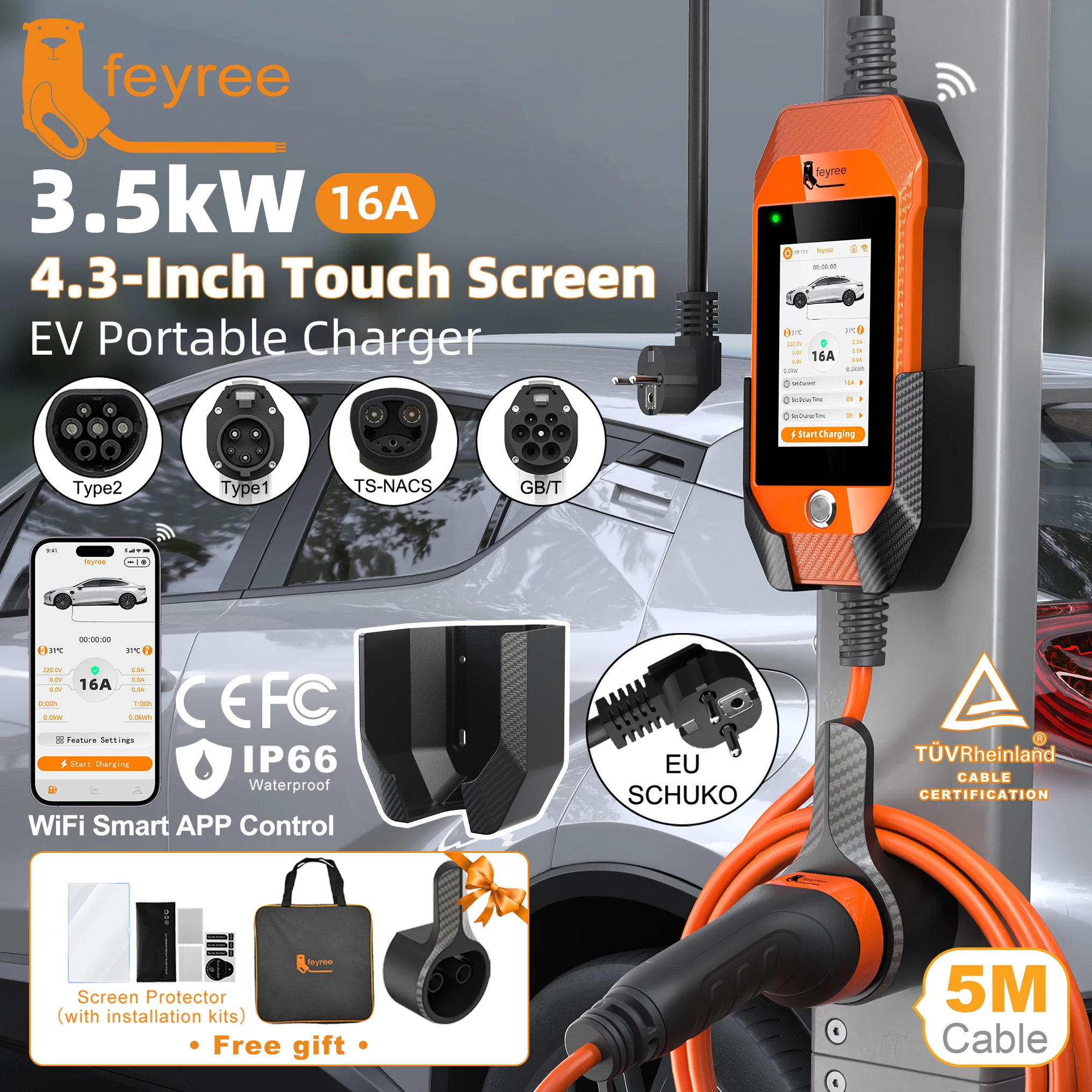 Feyree 4,3-дюймовое портативное зарядное устройство для электромобилей с сенсорным экраном Type2 / Type1 / GBT / TS-NACS Зарядное устройство для электромобилей 16A, 3,5 кВт, 1 фаза Smart APP, управление Wi-Fi
Feyree 4,3-дюймовое портативное зарядное устройство для электромобилей с сенсорным экраном Type2 / Type1 / GBT / TS-NACS Зарядное устройство для электромобилей 16A, 3,5 кВт, 1 фаза Smart APP, управление Wi-Fi