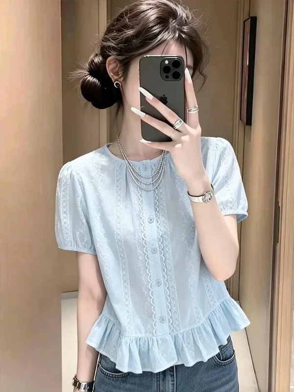 Gentle Versatile Light Blue round Neck Bubble Sleeve Shirt 2026 Summer New Lace Embroidery Waist Cinching Lace Trim Top
Gentle Versatile Light Blue round Neck Bubble Sleeve Shirt 2026 Summer New Lace Embroidery Waist Cinching Lace Trim Top