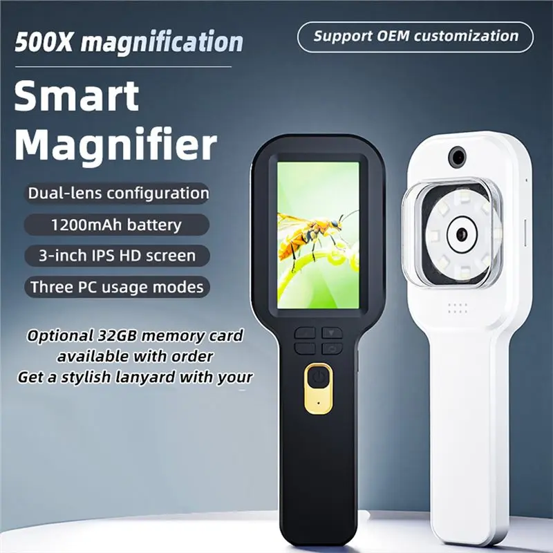 Цифровая лупа-микроскоп с 500-кратным зумом, 1200 мАч, ручная электронная лупа премиум-класса с 3-дюймовым IPS-экраном
Цифровая лупа-микроскоп с 500-кратным зумом, 1200 мАч, ручная электронная лупа премиум-класса с 3-дюймовым IPS-экраном