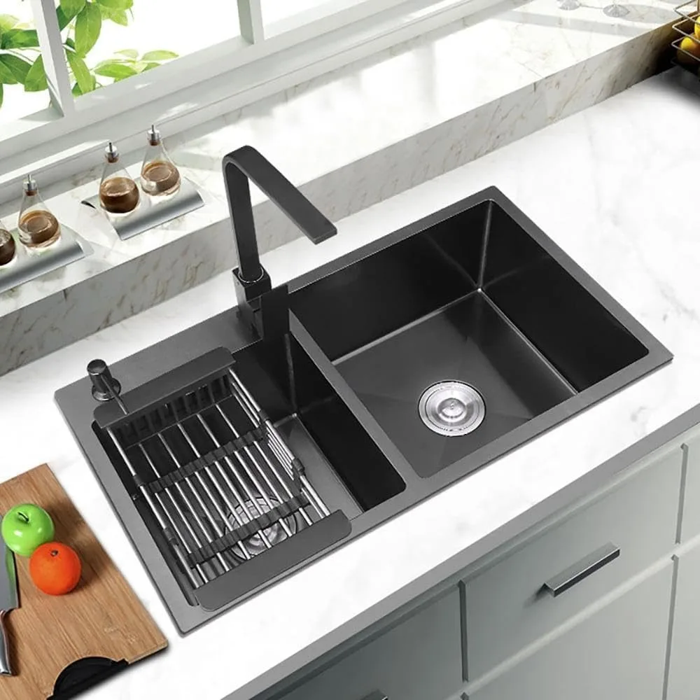 32 Inch black sink kitchen, Double Bowls Drop-In Sink Stainless Steel Kitchen Sink with Drain and Overflow
32 Inch black sink kitchen, Double Bowls Drop-In Sink Stainless Steel Kitchen Sink with Drain and Overflow