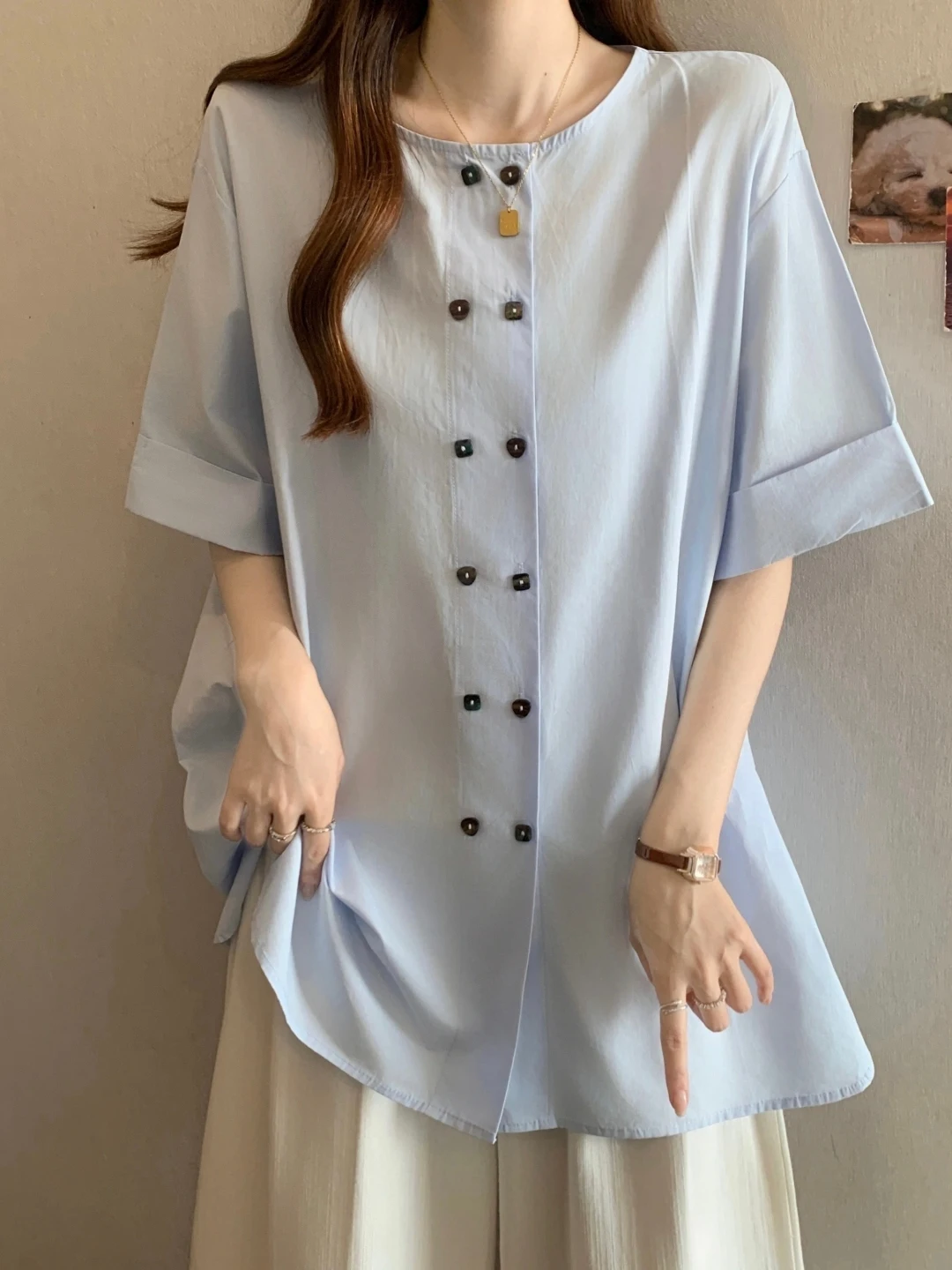 Slimming Slim Fit Women's Short Sleeve Shirt Mid-Length Cover Belly Top Korean Style Breathable Comfortable Daily Wear
Slimming Slim Fit Women's Short Sleeve Shirt Mid-Length Cover Belly Top Korean Style Breathable Comfortable Daily Wear