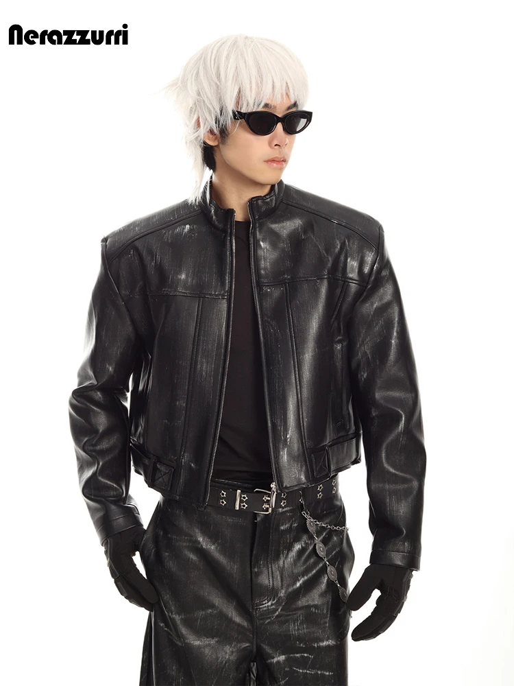 Nerazzurri Spring Autumn Cool Black Handsome Short Pu Leather Jacket Men Stand Collar Runway American Retro Menswear Emo Clothes
Nerazzurri Spring Autumn Cool Black Handsome Short Pu Leather Jacket Men Stand Collar Runway American Retro Menswear Emo Clothes