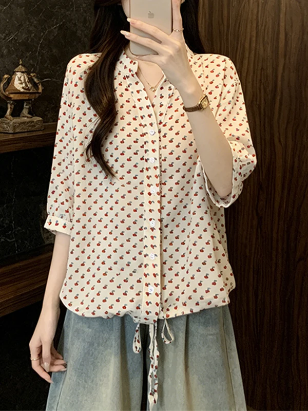 Chic Loose Women's Shirt V-Neck Cherry Drawstring Casual Breathable Short Sleeve Korean Style plus Size Belly Covering Top
Chic Loose Women's Shirt V-Neck Cherry Drawstring Casual Breathable Short Sleeve Korean Style plus Size Belly Covering Top