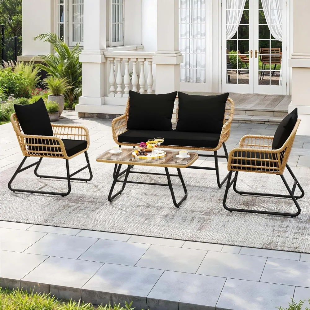 4-Piece Patio Furniture Wicker Outdoor Set, with Soft Cushions and Metal Table, All-Weather Rattan Conversation Loveseat Chairs
4-Piece Patio Furniture Wicker Outdoor Set, with Soft Cushions and Metal Table, All-Weather Rattan Conversation Loveseat Chairs