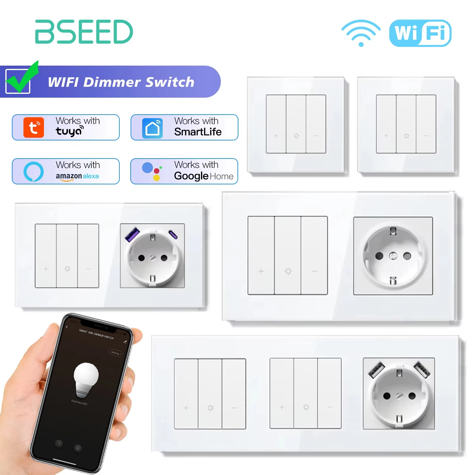 BSEED WIFI Dimmer Switch Series Wall Smart Click Switches Yellow Backlight Glass Frame Tuya APP Switch EU Wall Sockets with USB
BSEED WIFI Dimmer Switch Series Wall Smart Click Switches Yellow Backlight Glass Frame Tuya APP Switch EU Wall Sockets with USB