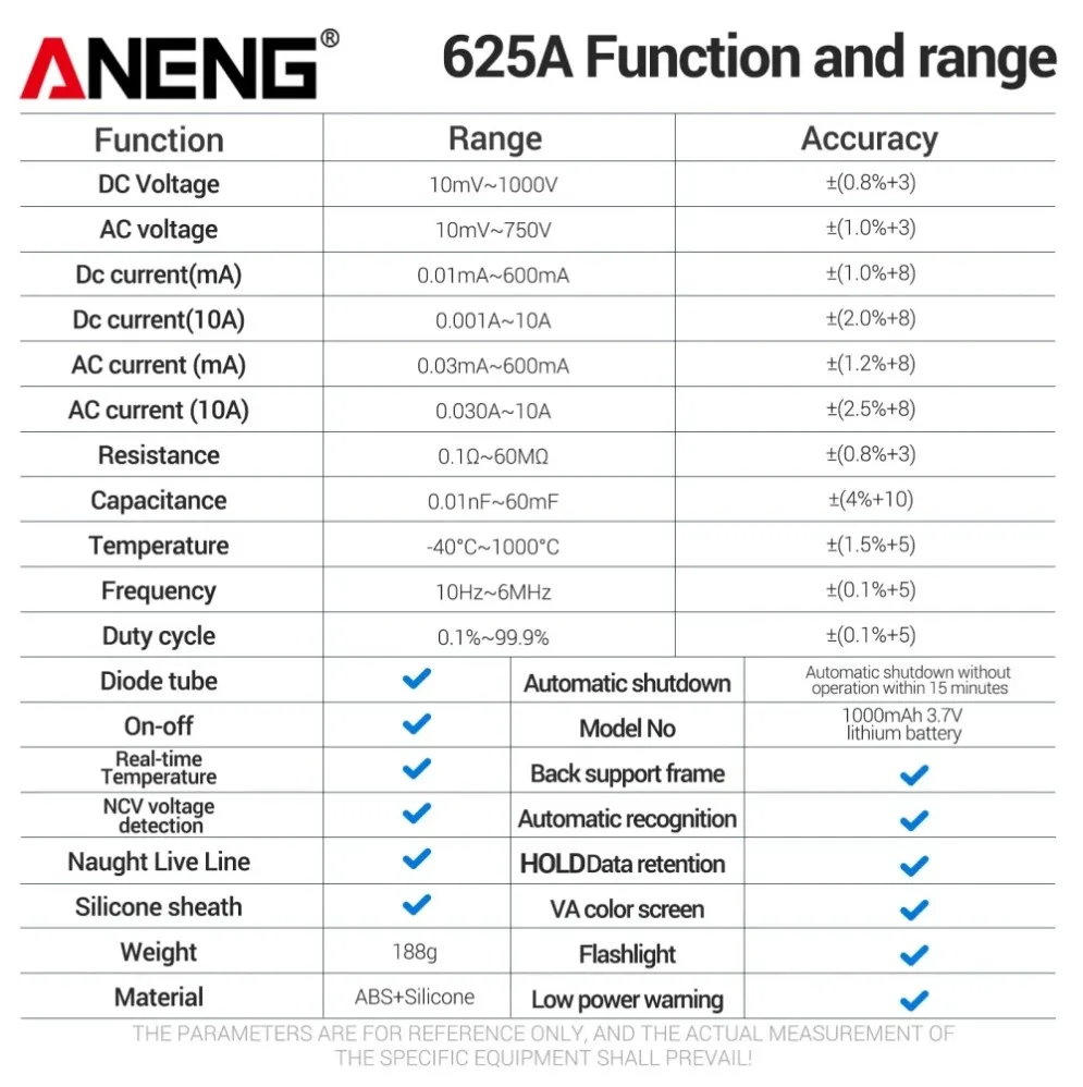 ANENG 625A Professional Multimeter Smart Anti-burn Tester AC/DC Voltage 10A Current Resistance NCV Voltage Rechargable Detection
ANENG 625A Professional Multimeter Smart Anti-burn Tester AC/DC Voltage 10A Current Resistance NCV Voltage Rechargable Detection