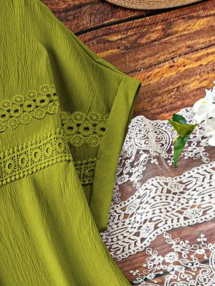 Plus Size Summer Casual Woven Dress With Lace Trim Short Sleeves Flared Hem
Plus Size Summer Casual Woven Dress With Lace Trim Short Sleeves Flared Hem