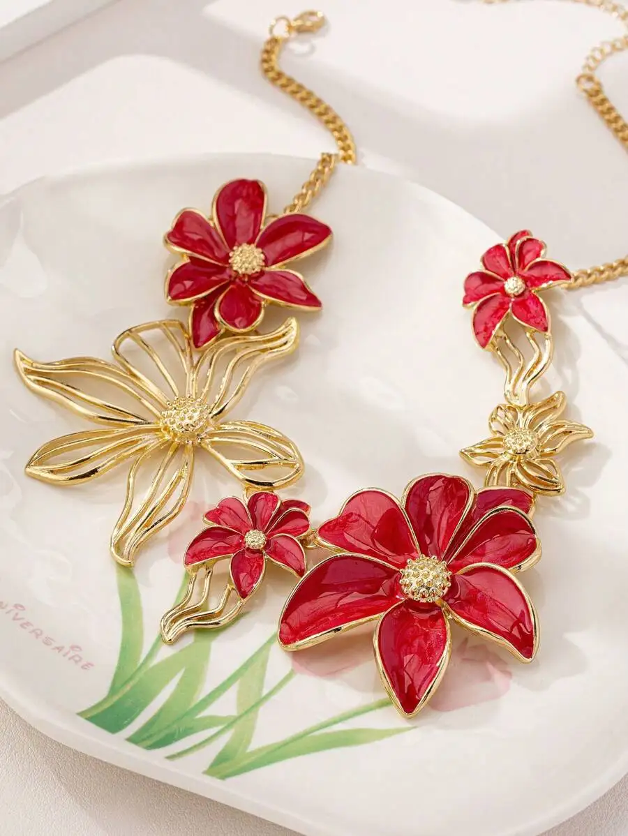 Oversized Hollow Flower Pendant Necklace Red Enamel Floral Statement Jewelry
Oversized Hollow Flower Pendant Necklace Red Enamel Floral Statement Jewelry