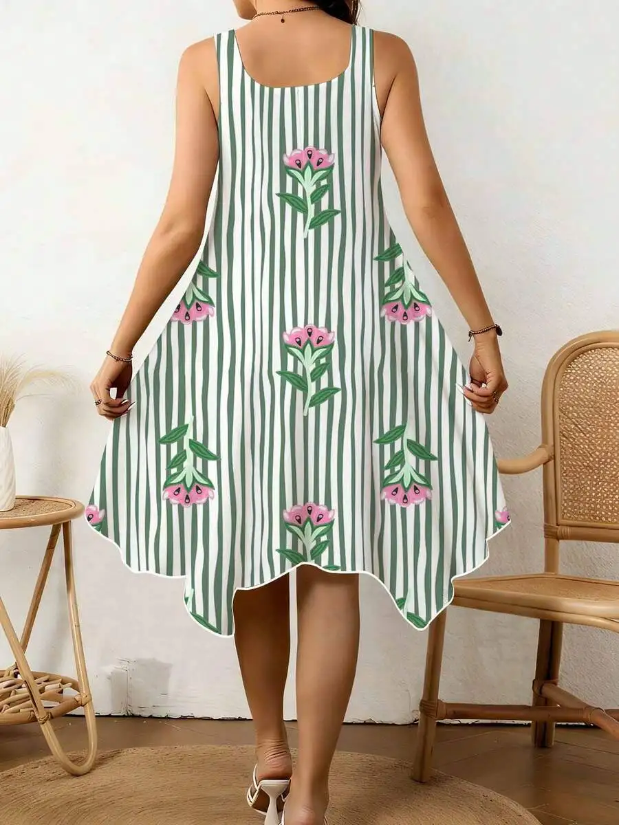 Sleeveless V-Neck A-Line Dress With Green Vertical Stripes, Pink Floral Print, And Asymmetrical Hem For Summer Leisure Wear
Sleeveless V-Neck A-Line Dress With Green Vertical Stripes, Pink Floral Print, And Asymmetrical Hem For Summer Leisure Wear