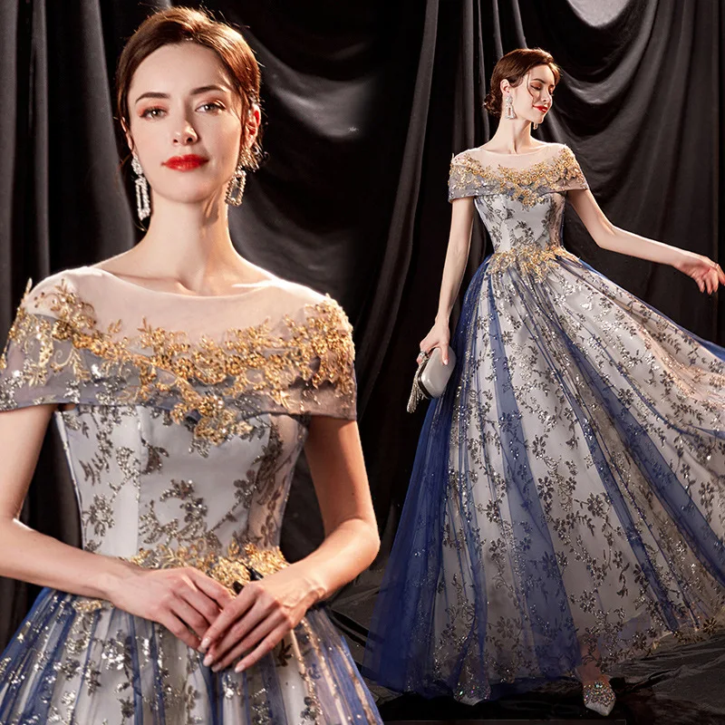Blue Evening Dress Women Summer New O-Neck Appliques Tulle Princess Gowns Temperament A-Line Long Formal Prom Dresses
Blue Evening Dress Women Summer New O-Neck Appliques Tulle Princess Gowns Temperament A-Line Long Formal Prom Dresses