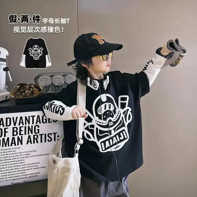 Boys' Fake Two Piece T-shirt New Children's Round Neck Loose Inner Layup 2025 Spring and Autumn Boys Letter Long sleeved Top
Boys' Fake Two Piece T-shirt New Children's Round Neck Loose Inner Layup 2025 Spring and Autumn Boys Letter Long sleeved Top