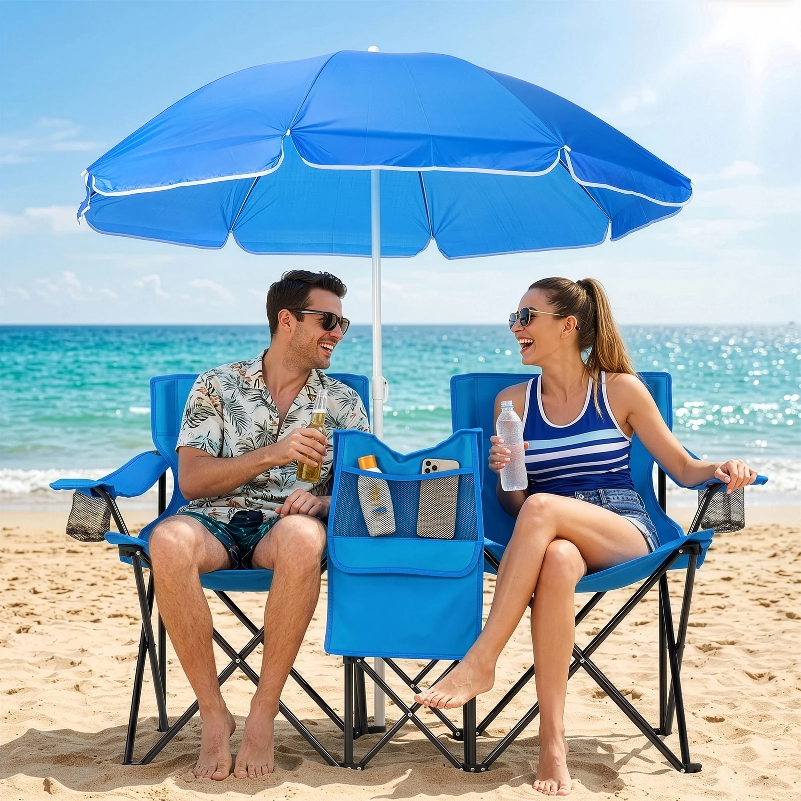 55.91"*19.69"*31.50"Double Folding Beach Chair with Removable Adjustable Umbrella, 2-Person XL Camping Chair with Cooler Bag, Cup Holders, Side Pocket, Heavy Duty 529 lbs Load, Oxford Cloth Iron Frame for Outdoor, Beach, Camping, Patio Royal Blue
55.91"*19.69"*31.50"Double Folding Beach Chair with Removable Adjustable Umbrella, 2-Person XL Camping Chair with Cooler Bag, Cup Holders, Side Pocket, Heavy Duty 529 lbs Load, Oxford Cloth Iron Frame for Outdoor, Beach, Camping, Patio Royal Blue