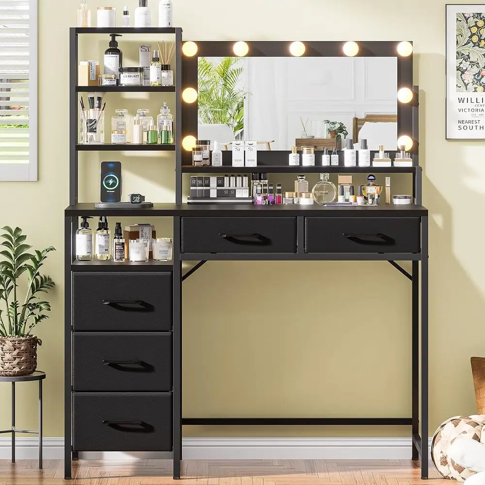 Black Makeup Vanity Desk with Mirror, Lights, Fabric Drawers, and Charging Station for Bedroom
Black Makeup Vanity Desk with Mirror, Lights, Fabric Drawers, and Charging Station for Bedroom