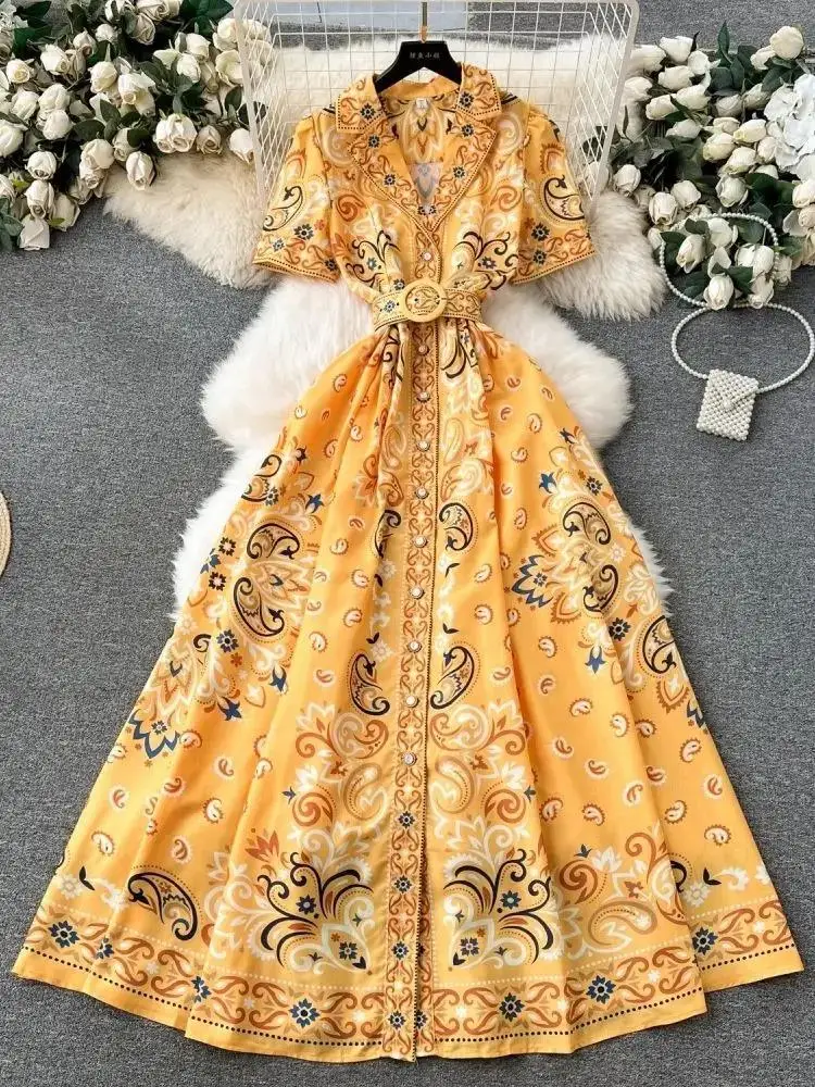 Women's Notched Short Sleeve Flower Print Buttons Down Belt Linen Dress New 2025 Summer Bohemian Holiday Maxi Robe Vestidos
Women's Notched Short Sleeve Flower Print Buttons Down Belt Linen Dress New 2025 Summer Bohemian Holiday Maxi Robe Vestidos