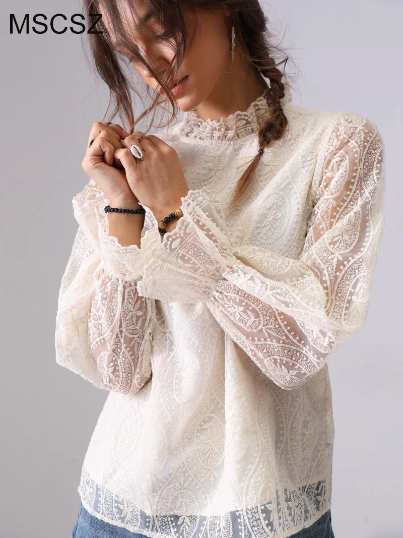 MSCSZ Elegant Women's Embroidered Blouse Ruffled O-Neck Long Sleeve Blouse White Black Sheer Blouse Top 
MSCSZ Elegant Women's Embroidered Blouse Ruffled O-Neck Long Sleeve Blouse White Black Sheer Blouse Top