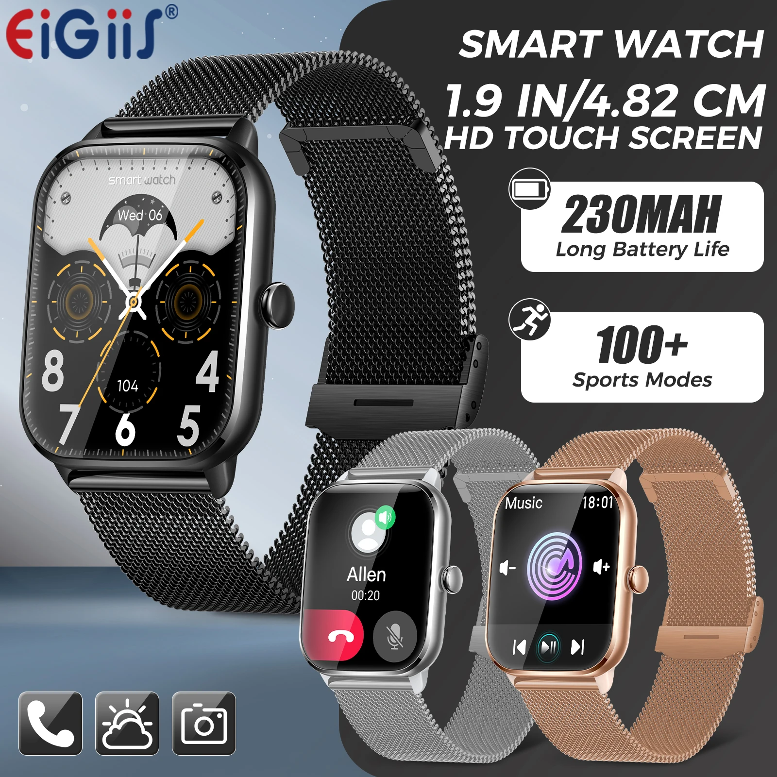 EIGIIS Smart Watches 1.9” Full with 100+ Sports Modes Activity Tracker Heart Rate/SpO2/Sleep Monitor Pedometer for iOS Android
EIGIIS Smart Watches 1.9” Full with 100+ Sports Modes Activity Tracker Heart Rate/SpO2/Sleep Monitor Pedometer for iOS Android