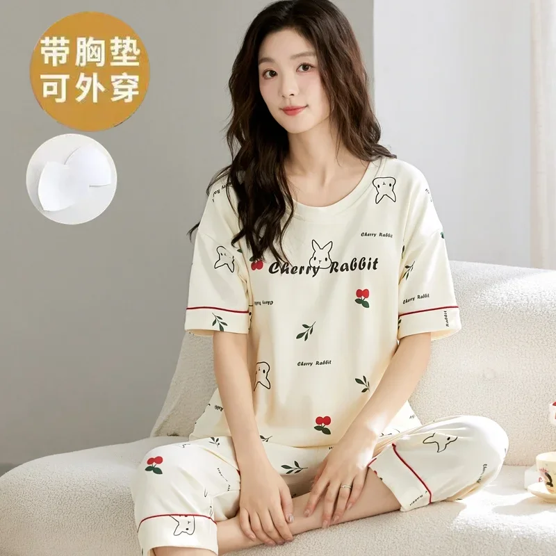 2025 New Women's Sleepwear Calf Length Short Sleeves Sleeping Top Home Clothes with Bra Pad Female Young Girl Casual Nightwear
2025 New Women's Sleepwear Calf Length Short Sleeves Sleeping Top Home Clothes with Bra Pad Female Young Girl Casual Nightwear