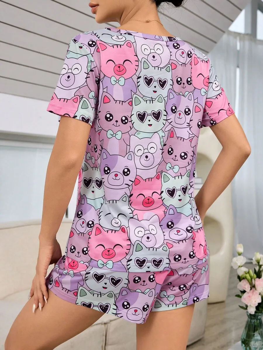 Women Round Neck Short Sleeve Cat Print Pajama Set Summer
Women Round Neck Short Sleeve Cat Print Pajama Set Summer