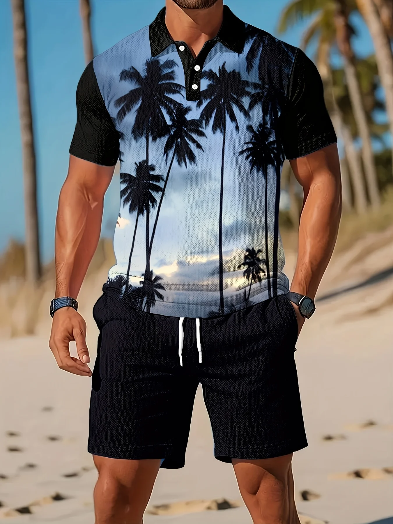 New Men's Short-Sleeve Polo Shirt Set with Palm Tree Print Perfect for Everyday and Outdoor Wear A Stylish Vacation Outfit
New Men's Short-Sleeve Polo Shirt Set with Palm Tree Print Perfect for Everyday and Outdoor Wear A Stylish Vacation Outfit