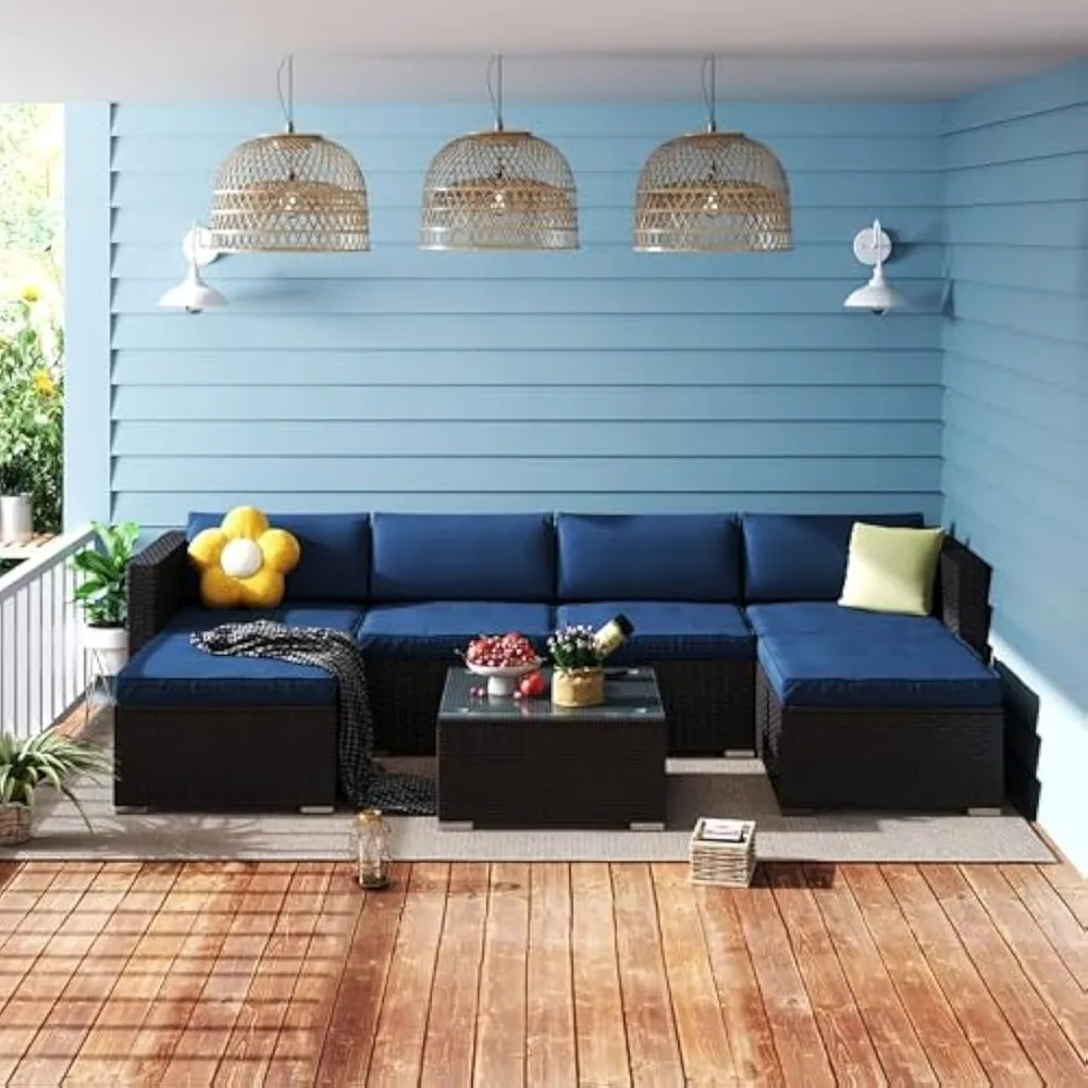 7 Pieces Patio Conversation Sectional Sofa Couch, Blue PE Wicker Outdoor Furniture Set with Washable Cushions & Glass Coffee
7 Pieces Patio Conversation Sectional Sofa Couch, Blue PE Wicker Outdoor Furniture Set with Washable Cushions & Glass Coffee