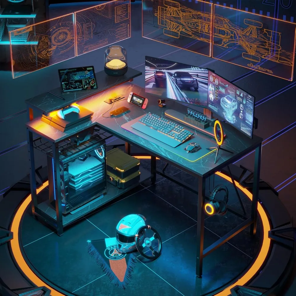 Gaming Desk with Power Outlets, 42" L-Shaped Gaming Desk with LED Lights, Desk with Reversible Storage Shelves & Hooks for Smal
Gaming Desk with Power Outlets, 42" L-Shaped Gaming Desk with LED Lights, Desk with Reversible Storage Shelves & Hooks for Smal