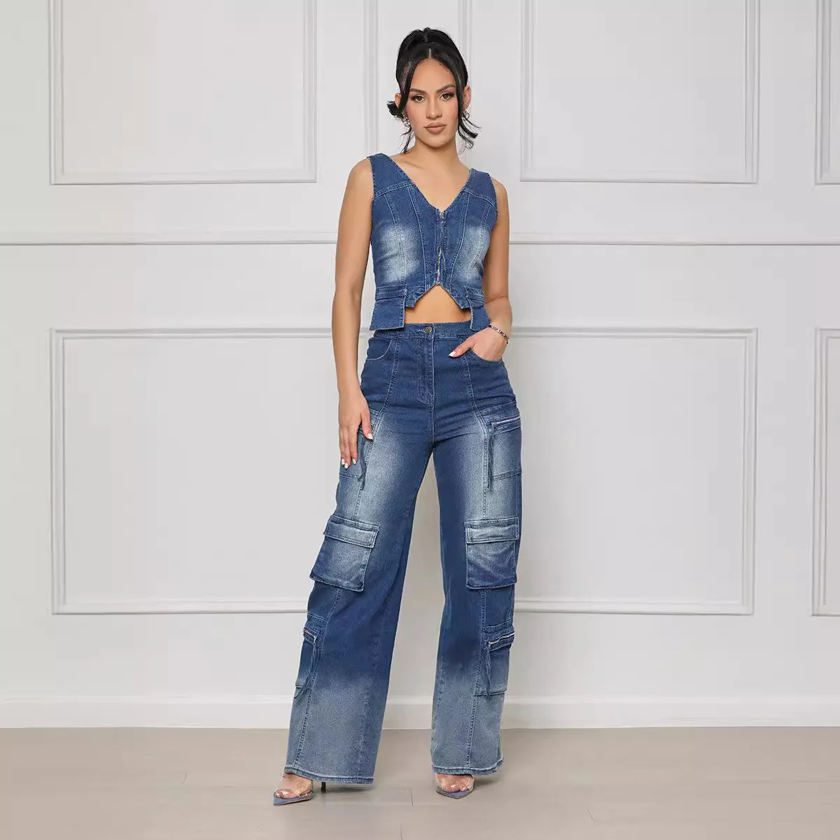 Women Denim 2 Piece Suit Streetwear Vest Wide Leg Pants Sets V Neck Waistcoat Multiple Pockets Trousers Outfits Sexy Ensemble
Women Denim 2 Piece Suit Streetwear Vest Wide Leg Pants Sets V Neck Waistcoat Multiple Pockets Trousers Outfits Sexy Ensemble