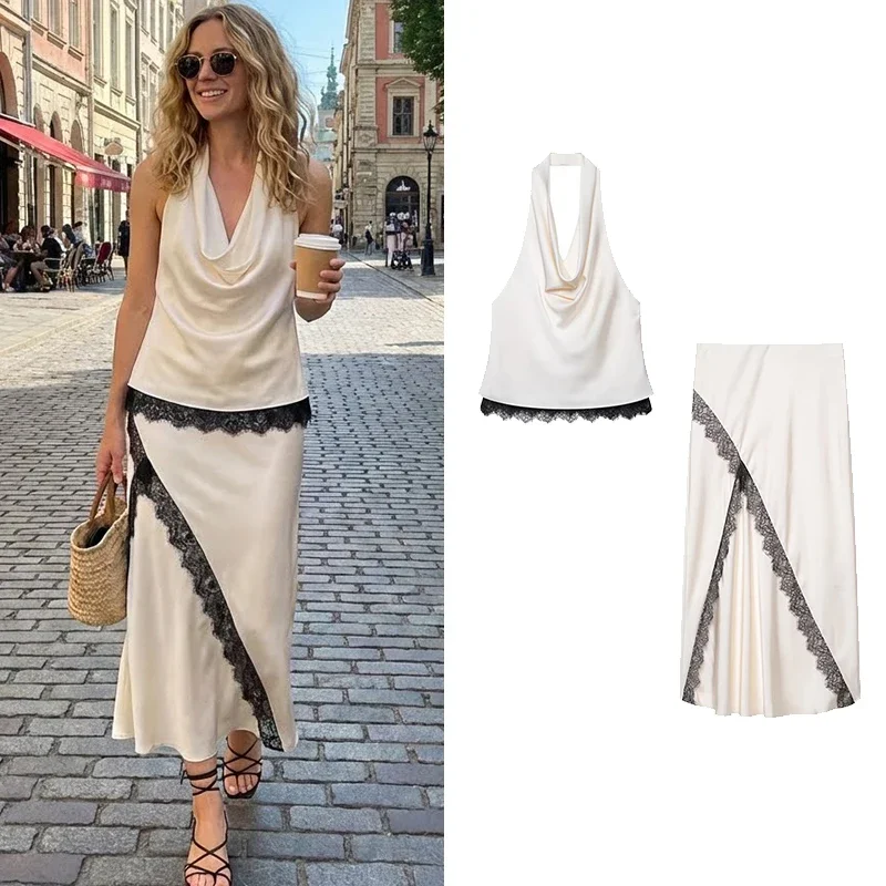 FANAN Women Fashion 2 Piece Sets Lace Backless Halter Neck Tops & Vintage Elastic Waist Skirt Female Chic Lady Skirts Set
FANAN Women Fashion 2 Piece Sets Lace Backless Halter Neck Tops & Vintage Elastic Waist Skirt Female Chic Lady Skirts Set