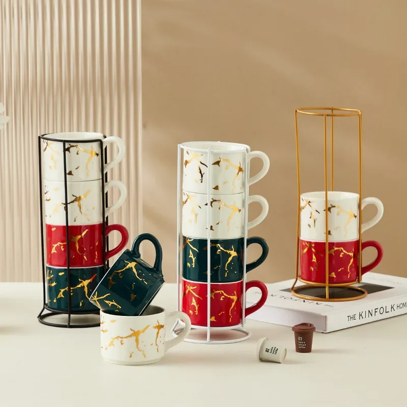 Hot stamping ceramic mug, household three-dimensional stacking cup, four-piece set with iron frame, milk coffee cup
Hot stamping ceramic mug, household three-dimensional stacking cup, four-piece set with iron frame, milk coffee cup