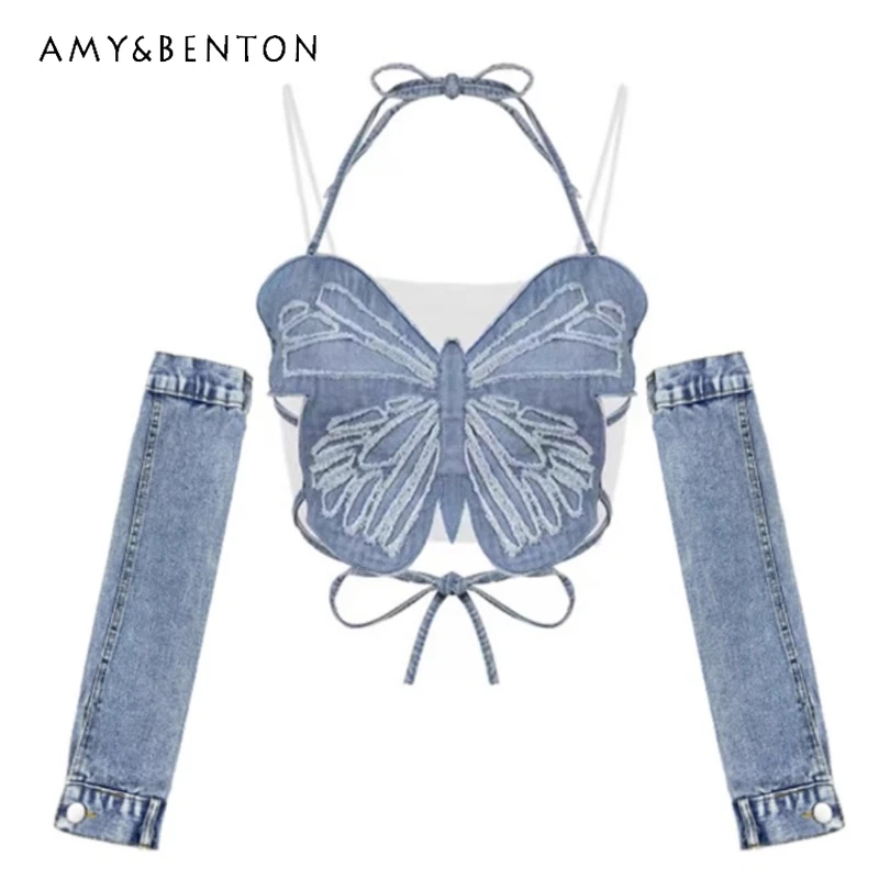 2025 New American Retro Millennial Hot Suspender Neck Vest Strap Design Y2K Denim Sleeves Top Butterfly Suit For Women
2025 New American Retro Millennial Hot Suspender Neck Vest Strap Design Y2K Denim Sleeves Top Butterfly Suit For Women