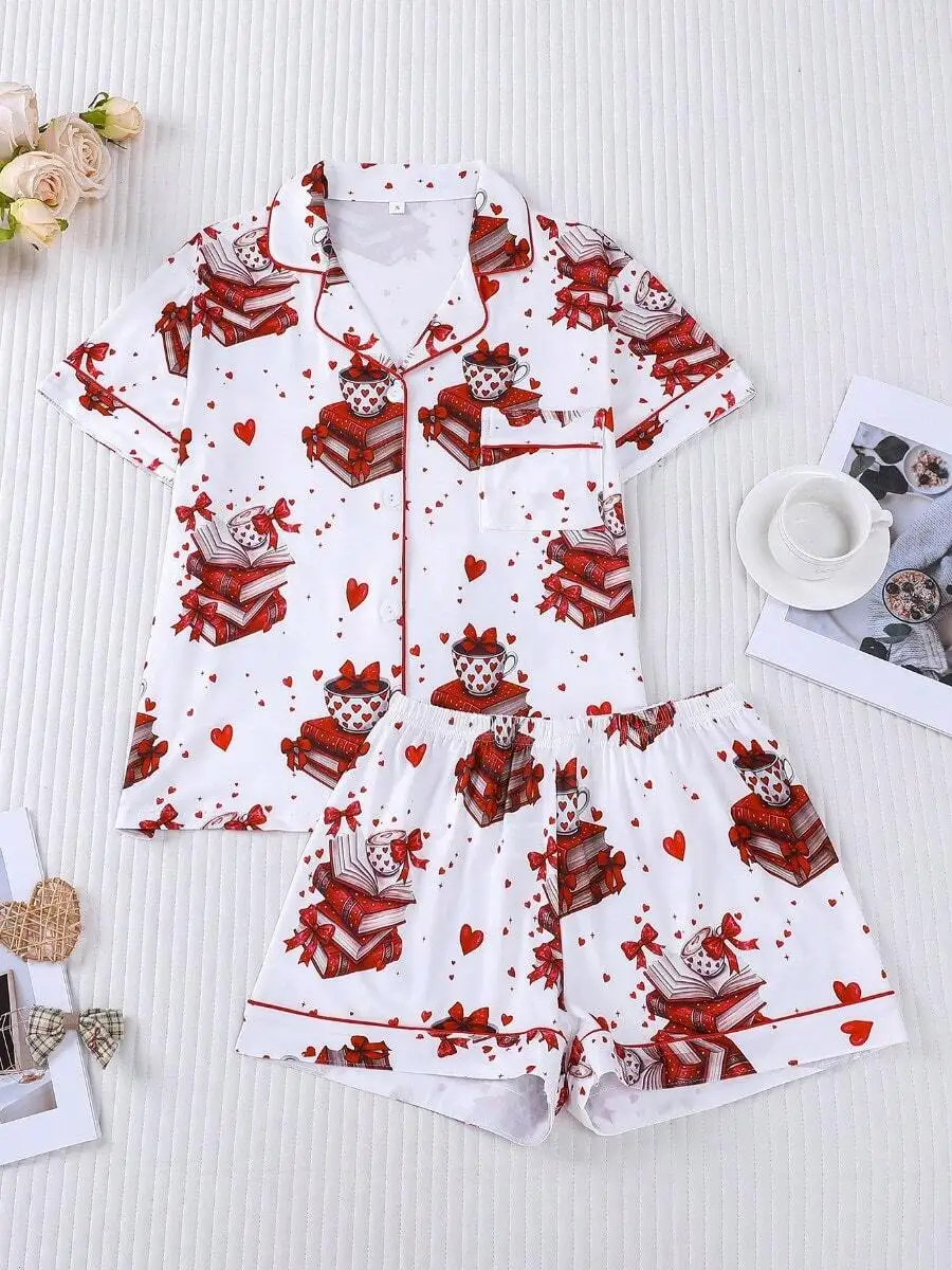 Womens Printed Pajama Set With Books And Hearts Pattern Loose Short Sleeve Shorts Sleepwear
Womens Printed Pajama Set With Books And Hearts Pattern Loose Short Sleeve Shorts Sleepwear