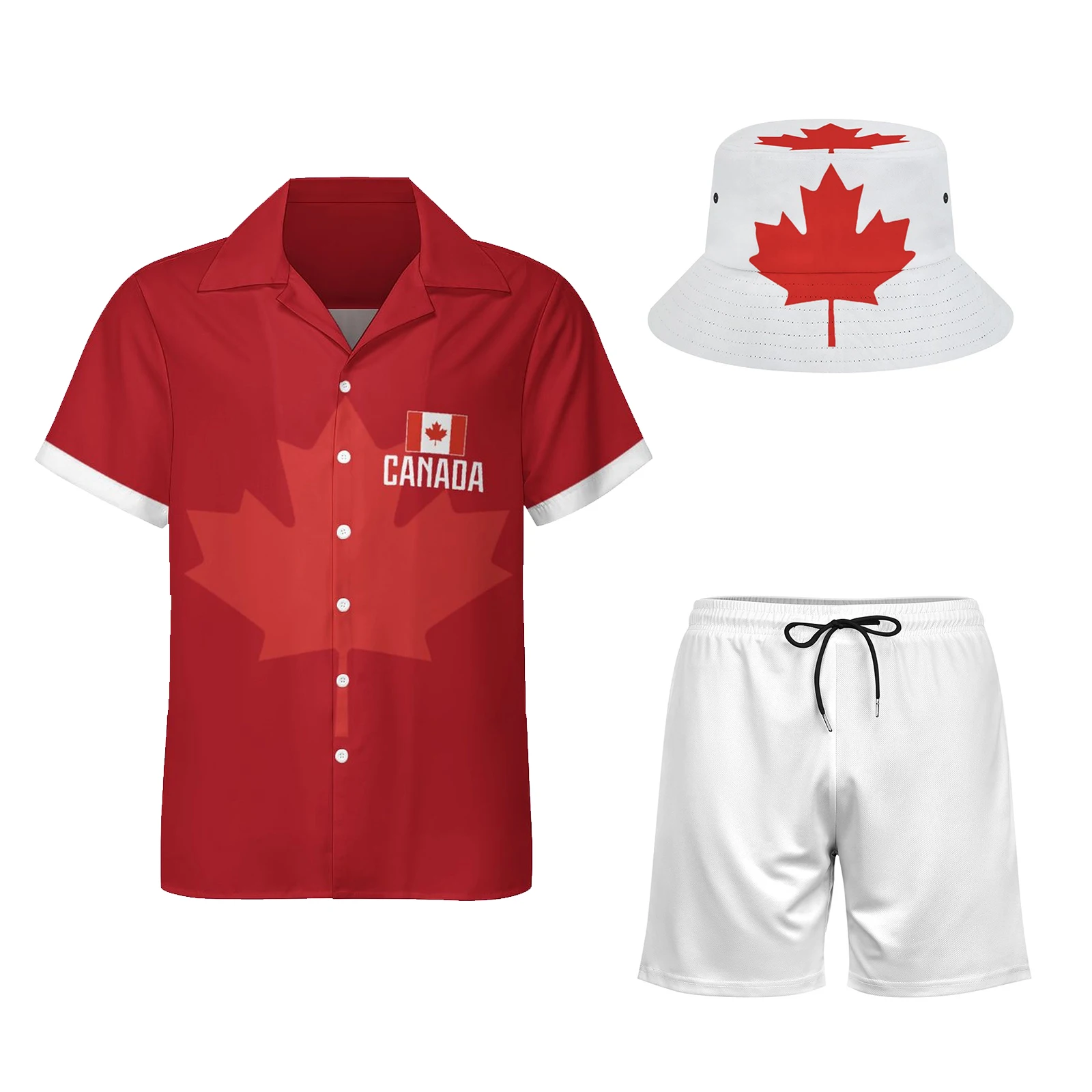 Men's Hawaiian Shirt and Shorts Set with Bucket Hat 3 Piece Canada Flag Print Summer Vacation Outfit Hawaiian Set
Men's Hawaiian Shirt and Shorts Set with Bucket Hat 3 Piece Canada Flag Print Summer Vacation Outfit Hawaiian Set