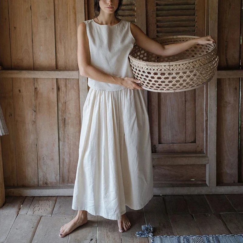 Повседневные женские комплекты из двух предметов из хлопка и льна, летние топы без рукавов и карманы, эластичная длинная струящаяся юбка с высокой талией, женские костюмы 
Повседневные женские комплекты из двух предметов из хлопка и льна, летние топы без рукавов и карманы, эластичная длинная струящаяся юбка с высокой талией, женские костюмы