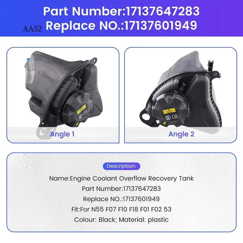 AS-17137647283 Engine Coolant Overflow Recovery Reservoir Tank With Cap For BMW N55 F07 F10 F18 F01 F02 53 17137806038
AS-17137647283 Engine Coolant Overflow Recovery Reservoir Tank With Cap For BMW N55 F07 F10 F18 F01 F02 53 17137806038