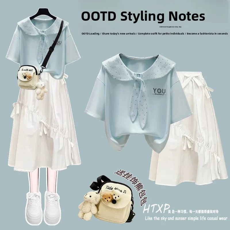 Sweet Doll Collar Summer Dress Set Women's Blue Short Sleeve Half Skirt Ensemble Breathable Cotton Neck Print Casual
Sweet Doll Collar Summer Dress Set Women's Blue Short Sleeve Half Skirt Ensemble Breathable Cotton Neck Print Casual