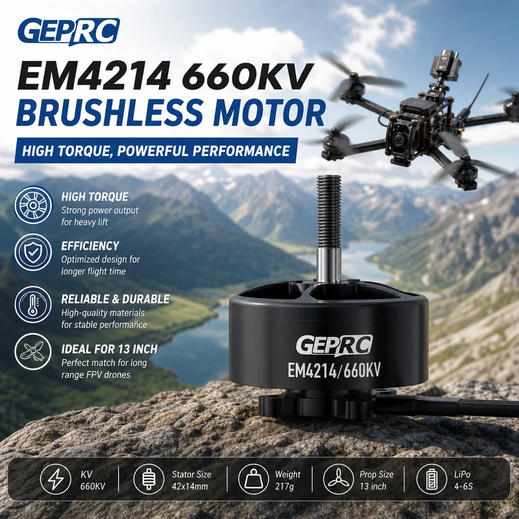 GEPRC EM4214 660KV Brushless Motor for 13 Inch FPV Long Range Drone RC Heavy Lift High Torque
GEPRC EM4214 660KV Brushless Motor for 13 Inch FPV Long Range Drone RC Heavy Lift High Torque