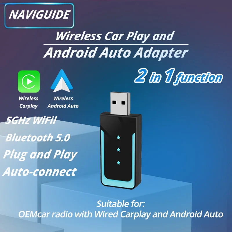 NAVIGUIDE 2в1 беспроводной CarPlay и беспроводной адаптированный смарт-бокс на базе Android Auto для автомобильных радиоприемников с проводным CarPlay и Android auto
NAVIGUIDE 2в1 беспроводной CarPlay и беспроводной адаптированный смарт-бокс на базе Android Auto для автомобильных радиоприемников с проводным CarPlay и Android auto