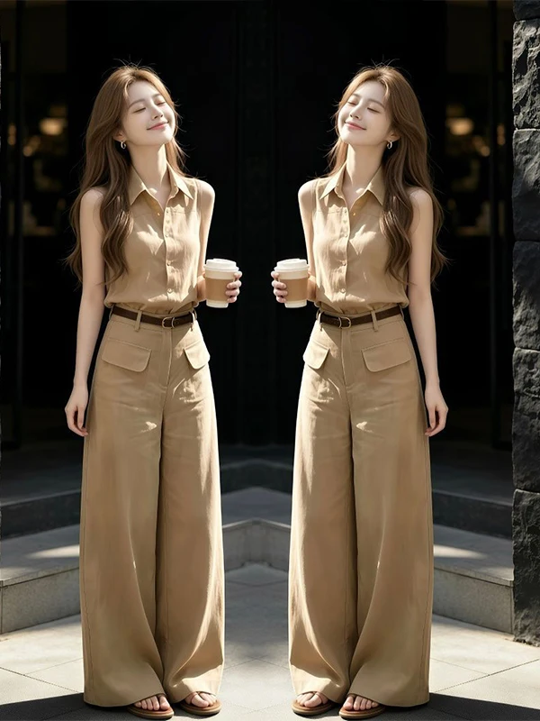 Fashionable Summer Outfit Women's Sleeveless Collared Top And Wide Leg Pants Two Piece Set High Waist Straight Cut Polyester ...
Fashionable Summer Outfit Women's Sleeveless Collared Top And Wide Leg Pants Two Piece Set High Waist Straight Cut Polyester ...