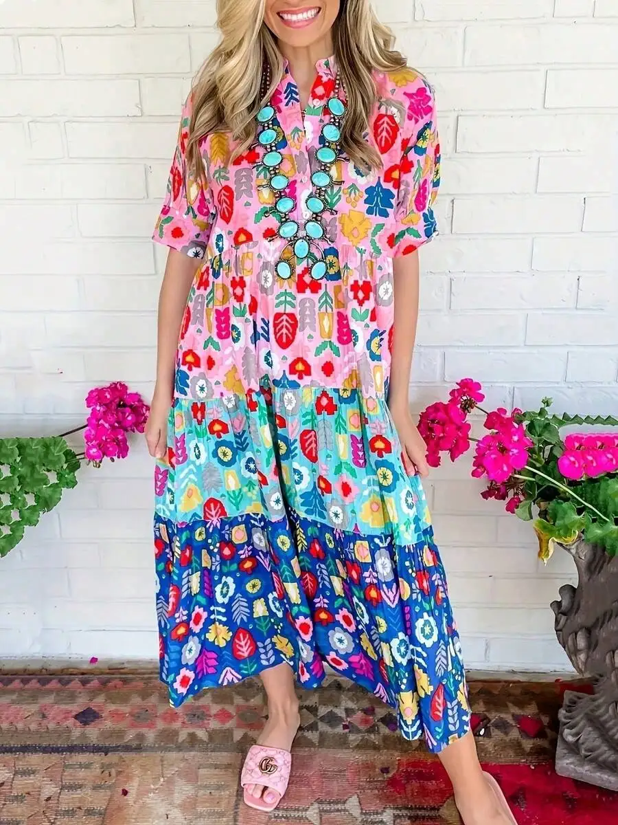 Womens Vibrant Multicolor Floral Tiered Maxi Dress, Stand-Up Collar, Short Puff Sleeves, Button-Front, Flowy Loose Fit For
Womens Vibrant Multicolor Floral Tiered Maxi Dress, Stand-Up Collar, Short Puff Sleeves, Button-Front, Flowy Loose Fit For