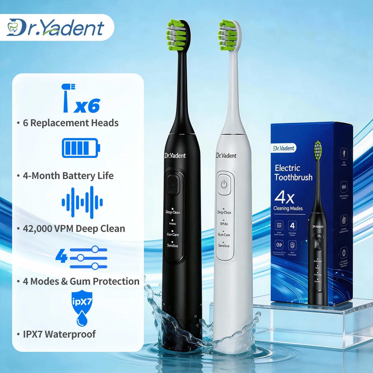 DrYadent Sonic Toothbrush 6 Soft Brush Heads 4 Modes 2 Mins SmartTimer Fast Recharge Lasting for 30Days Adult Valentine's Gift
DrYadent Sonic Toothbrush 6 Soft Brush Heads 4 Modes 2 Mins SmartTimer Fast Recharge Lasting for 30Days Adult Valentine's Gift