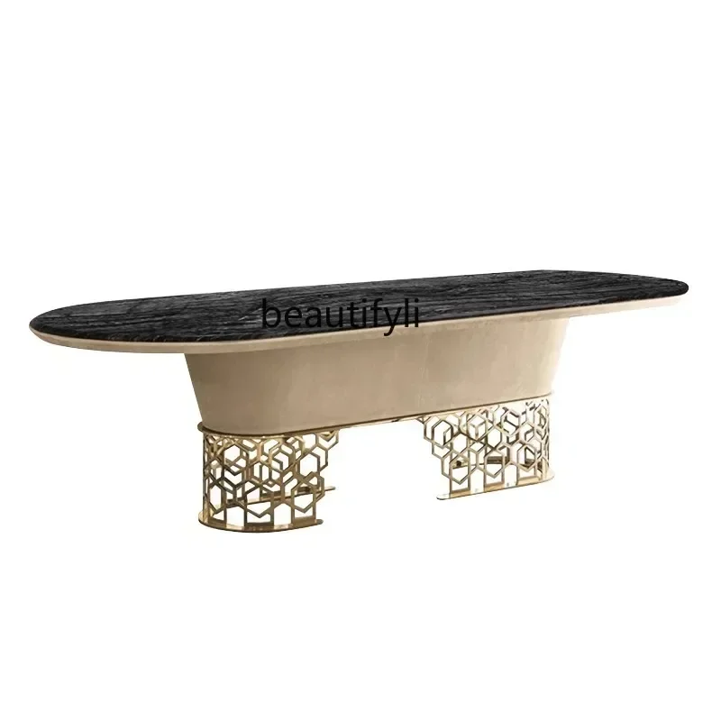 new Modern light luxury dining table and chair combination Italian restaurant household 1 table 6 chairs simple oval marbless
new Modern light luxury dining table and chair combination Italian restaurant household 1 table 6 chairs simple oval marbless