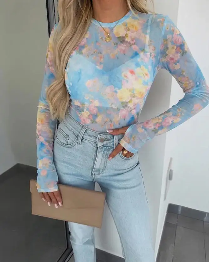 Women's Blouse 2026 New Watercolor Floral Mesh Long Sleeve Sheer O-Neck Slim Fit Blouse for Casual Streetwear & Layering Top
Women's Blouse 2026 New Watercolor Floral Mesh Long Sleeve Sheer O-Neck Slim Fit Blouse for Casual Streetwear & Layering Top