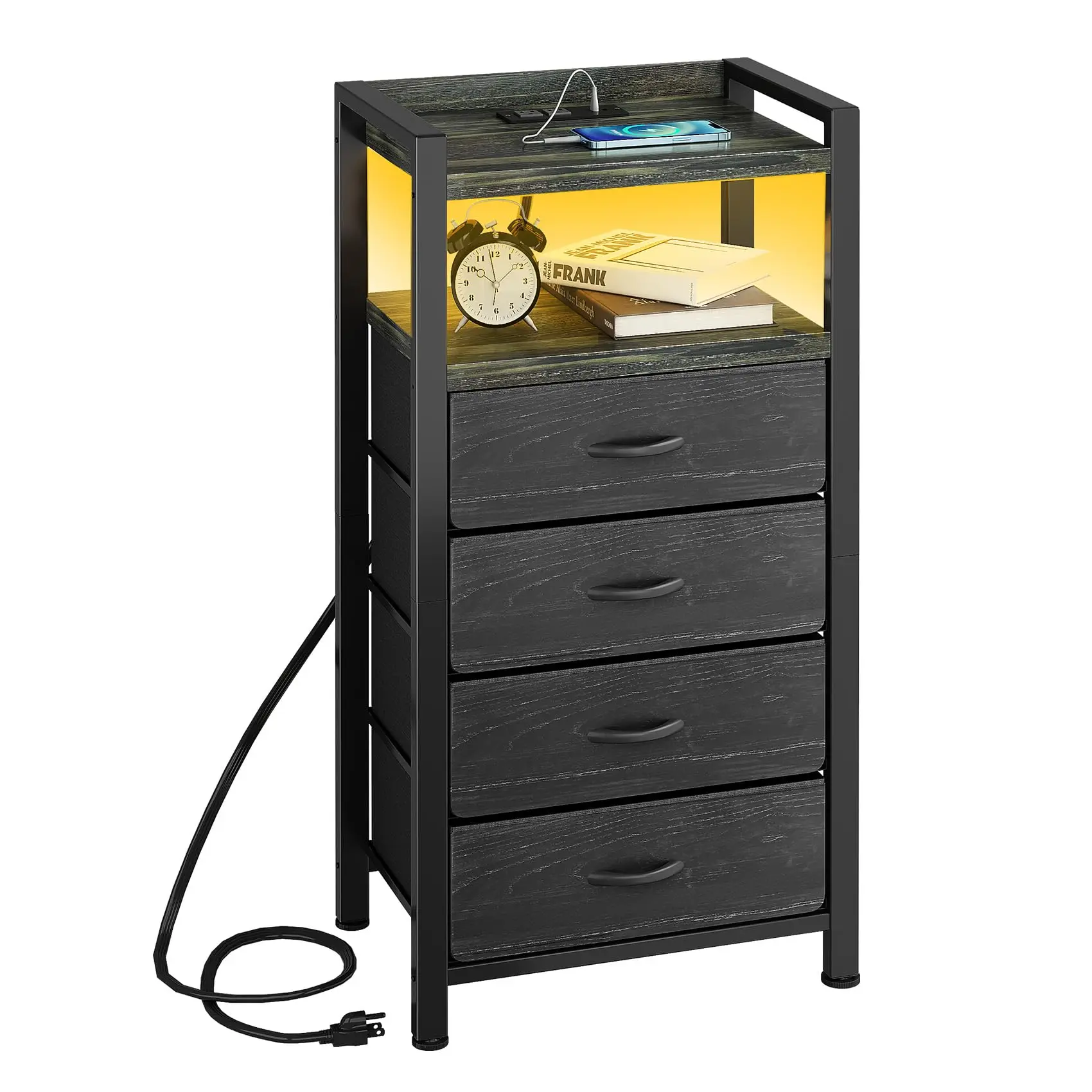 Tall Black Bedside Cabinet With 4 Fabric Drawers, Integrated USB Charger And Warm LED Lighting
Tall Black Bedside Cabinet With 4 Fabric Drawers, Integrated USB Charger And Warm LED Lighting
