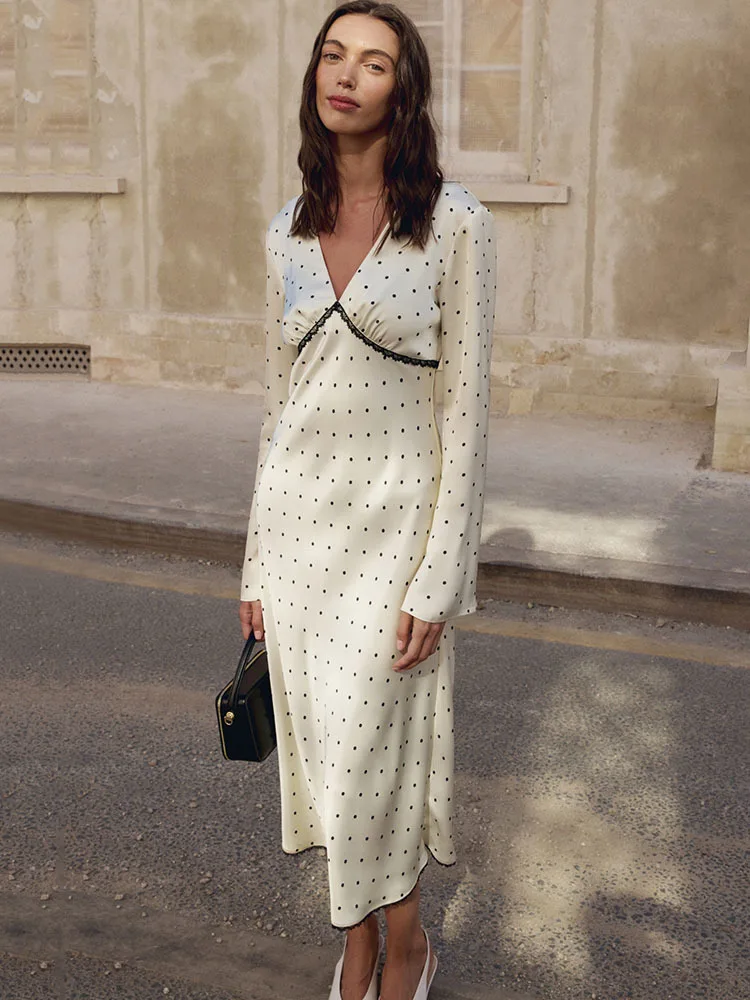 Oniflyme Satin Sexy V Neck Print Polka Dot Women Maxi Dress White Patchwork Long Sleeve Lace Slim Elegant Party Evening Dresses
Oniflyme Satin Sexy V Neck Print Polka Dot Women Maxi Dress White Patchwork Long Sleeve Lace Slim Elegant Party Evening Dresses