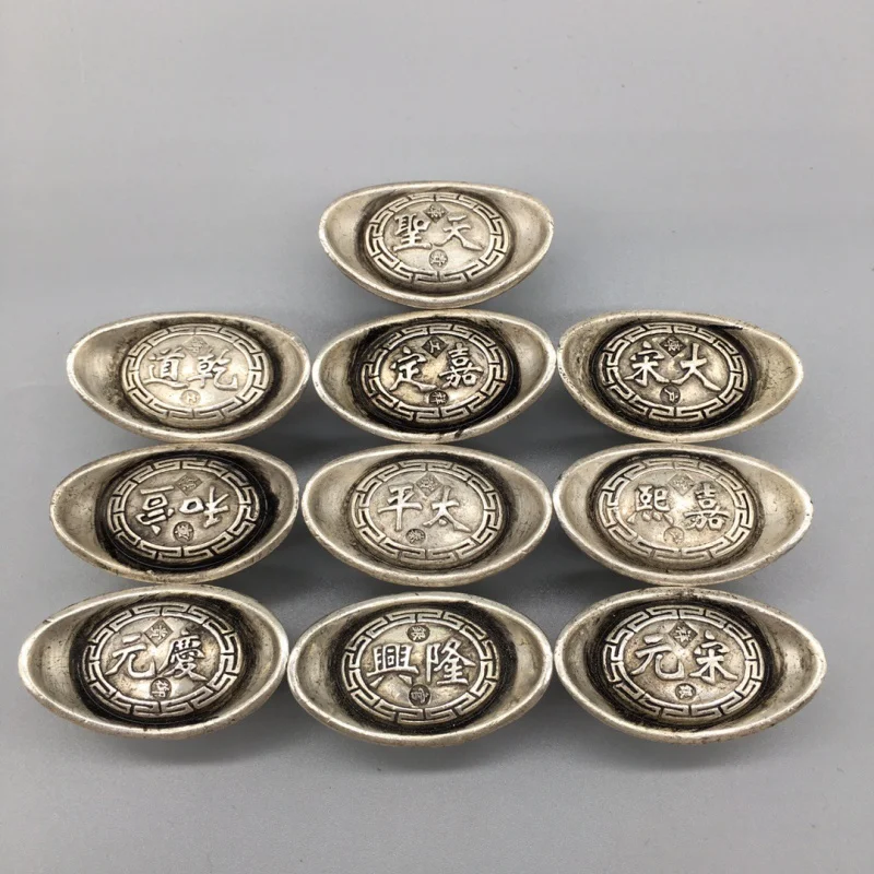 10PC set Song Silver Ingot Sycee Copper Core Silver Plated Jiading Qingyuan Prosperous Taiping Ingot Crafts
10PC set Song Silver Ingot Sycee Copper Core Silver Plated Jiading Qingyuan Prosperous Taiping Ingot Crafts