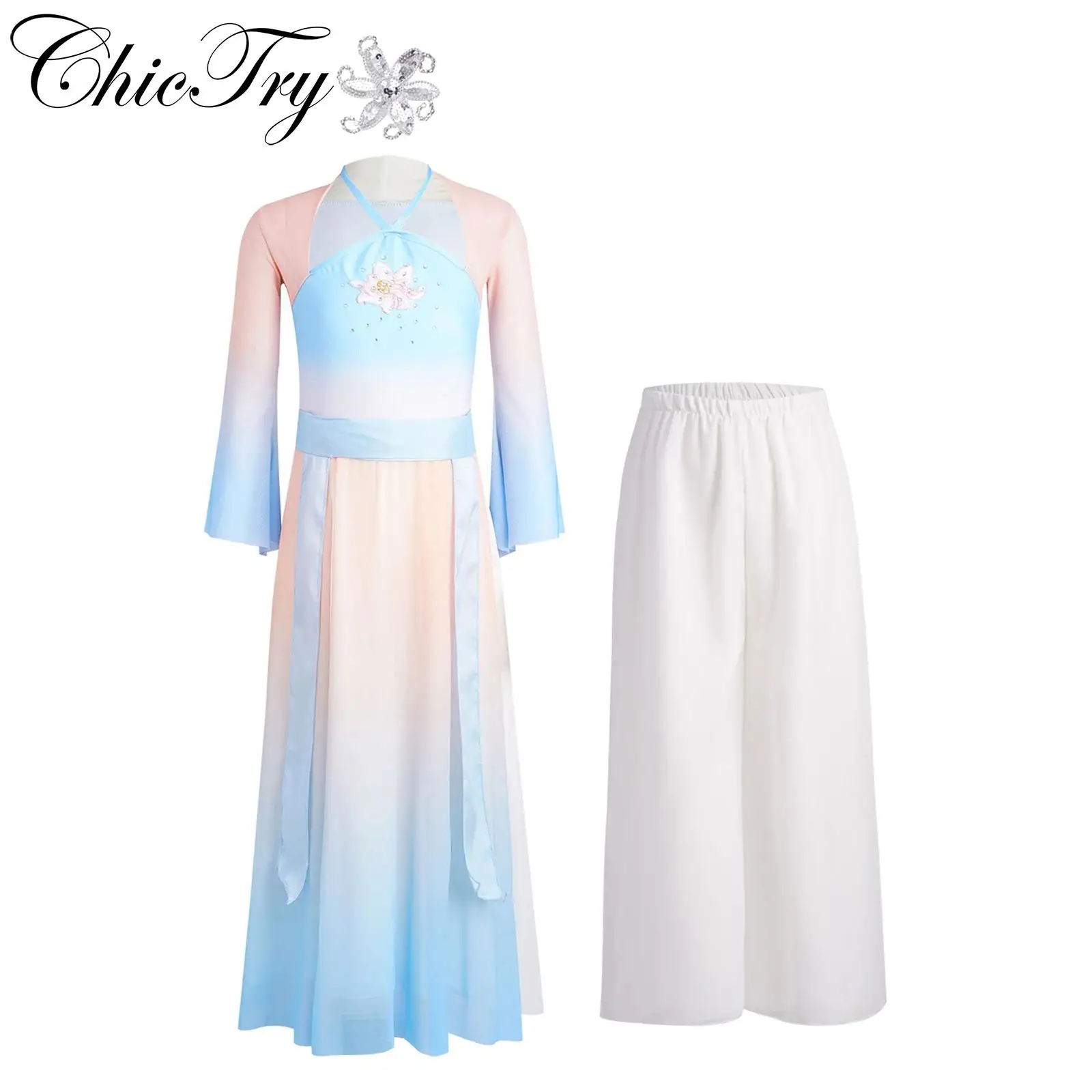 Kids Girls Classical Dance Set Child Flared Sleeve Split Sheer Mesh Dress with Wide Leg Pants Belt Outfits for Stage Performance
Kids Girls Classical Dance Set Child Flared Sleeve Split Sheer Mesh Dress with Wide Leg Pants Belt Outfits for Stage Performance