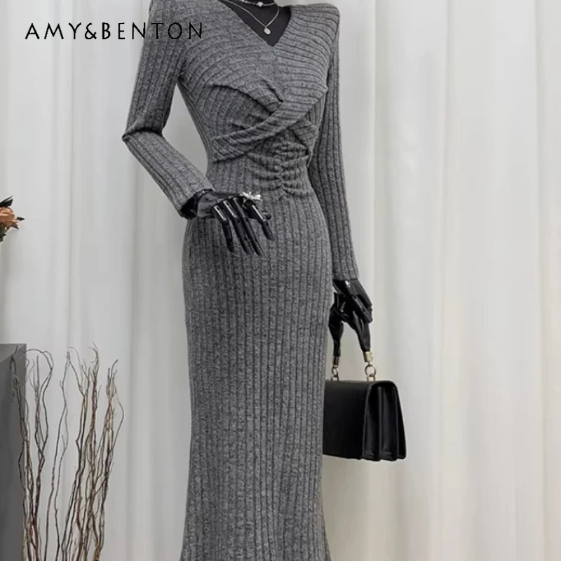 Original Design Light Gray Knitted Sweater Long Women's Mermaid Dress 2026 Spring V-neck Slimming Twist Bodycon Dresses Ladies
Original Design Light Gray Knitted Sweater Long Women's Mermaid Dress 2026 Spring V-neck Slimming Twist Bodycon Dresses Ladies