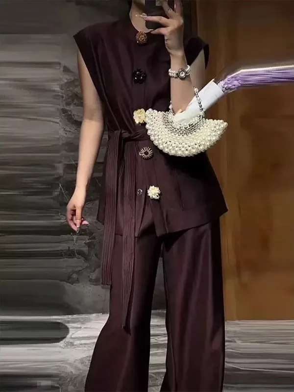 2025 Новый женский модный костюм с жилетом Flower Bule и широкими брюками, комплект из двух предметов ort Sve round Ne из Китая 
2025 Новый женский модный костюм с жилетом Flower Bule и широкими брюками, комплект из двух предметов ort Sve round Ne из Китая