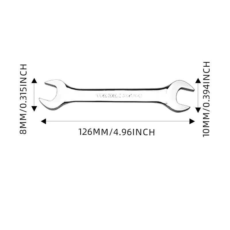 5-piece set of fully polished double open-end wrenches, including one of each of 5 sizes with openings ranging from 8mm to 24mm,
5-piece set of fully polished double open-end wrenches, including one of each of 5 sizes with openings ranging from 8mm to 24mm,